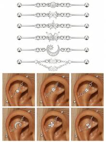 1 件 925 纯银精致星月花工业耳环软骨杠铃穿孔首饰带链吊坠适合女士日常佩戴婚礼派对（仅 1 件）