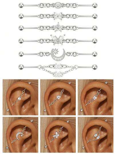 1PC 925 Sterling Silver Dainty Star Moon Flower Industrial Earrings Cartilage Barbell Piercing Jewelry With Chain Dangle For Women Daily Wear Wedding Party(Only 1PC) Valentines