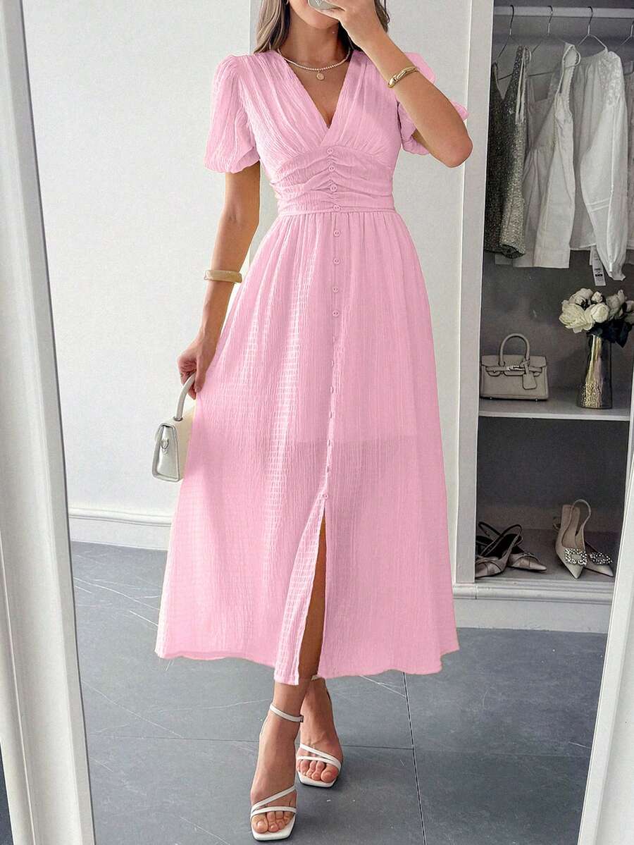 PoPoHouse Women's Solid Color Dress, V-Neck Puff Sleeve Design, Suitable For Vacation, Spring/Summer, Valentine's Day And Other Occasions - Pink - View 1