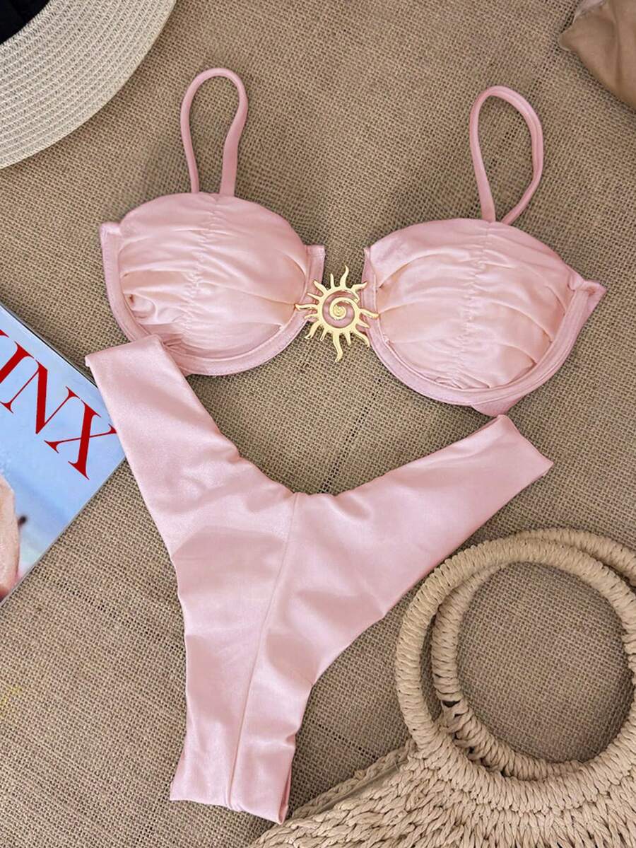 Swmmer Liket Sexy Metallic Jewelry Solid Color Bikini Women Swimsuit Set For Summer Beach Vacation - Hồng - Xem 1