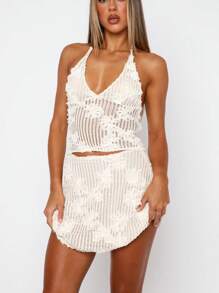 Conjunto de 2 piezas de verano para mujer: Top de punto con recortes florales de cuello halter y minifalda