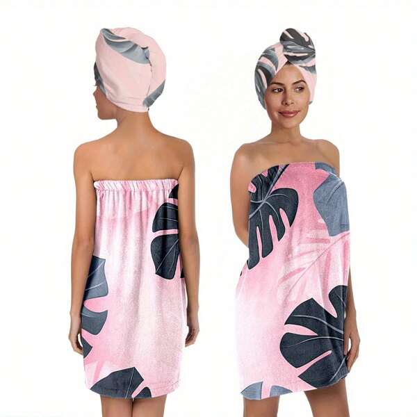 2pcs/Set Women's Bath Skirt And Shower Cap Set Super Soft Adjustable Ladies' Bathrobe - Multifunctional Wearable Towel Dress,Gradient Pink Print Pattern,Absorbent Bath Towel Home Sexy Strapless Bath Skirt, Dry Hair Cap Set,Suitable For Bathroom,Shower, Spa, Sauna And Beach Back To School