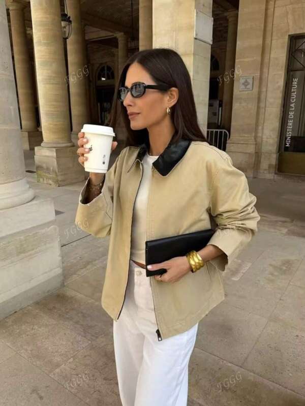 Casual Colorblock PU leren reversjasje, veelzijdig voor lente en herfst