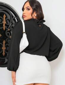 Long Sleeve Round Neck Shirt Blouse With Ruffles - Hitam - View 2