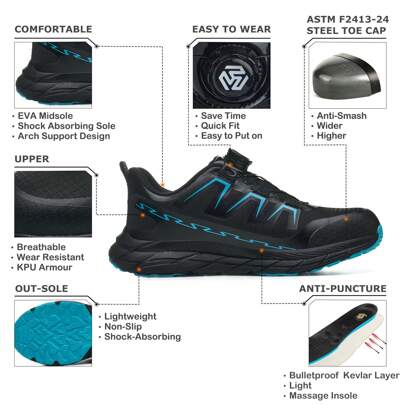 Steel Toe Shoes For Men Indestructible Lightweight Safety Shoes No Tie Turn-Lock Non Slip Work Shoes Puncture Proof Steel Toe Sneakers,Black,Blue,US S