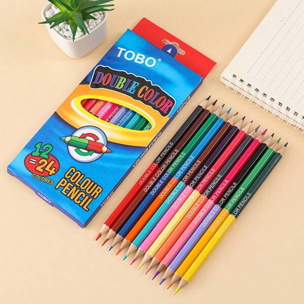 12pcs Color Pencils, Double Head Design, 24 Colors, Oil Based Color Painting, Suitable For Color Painting, Fill Color School Supplies,Back To School