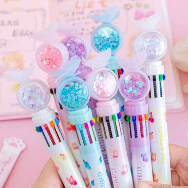 2pcs/Set Random 10 Colors Butterfly Glitter Ballpoint Pens, Suitable For Office And School School Supplies,Back To School