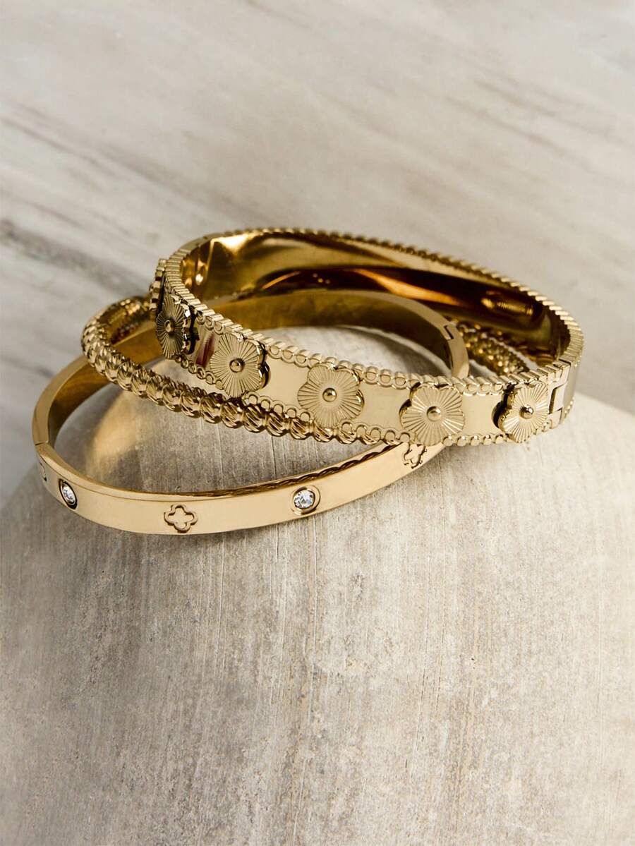 1件装 时尚18K镀金不锈钢花朵手镯，女士适用，派对及婚礼珠宝礼物，情人节、圣诞节、冬季圣诞礼物 - 彩色 - 查看 1