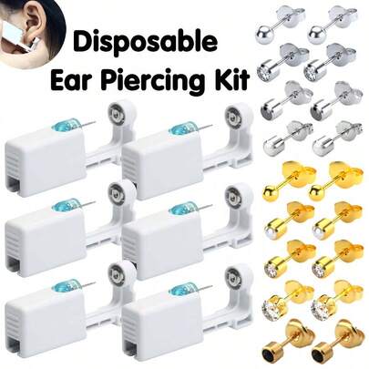 Pistola descartável para perfuração de orelhas com 6 peças e brincos de aço inoxidável embutidos - Kit para autoperfuração de orelhas