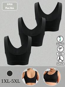 3PCS Women Plus Size Solid Comfortable U-Neck Seamless Bras Wireless Backless Yoga Sport Bra - Black - View 6