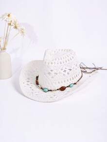 1 件纯色波西米亚休闲串珠宝石镂空防紫外线装饰编织巴拿马帽，时尚百搭，适合所有季节 - 巴拿馬草編帽 - 查看 5