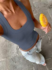 Floreya Women Square Neck Camisole Tank Top, Simple Casual Skinny Sleeveless Undergarment/Outerwear, French Style Minimalist Sporty Versatile Petite Clothing For All Seasons - Dusty Blue - View 1