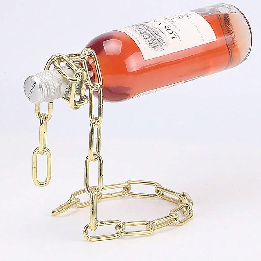 Nuevo soporte para botella de vino mágica y novedosa con cadena de eslabones de acero flotante - Sostiene la botella en el aire (Dorado) - Dorado - Ver 1