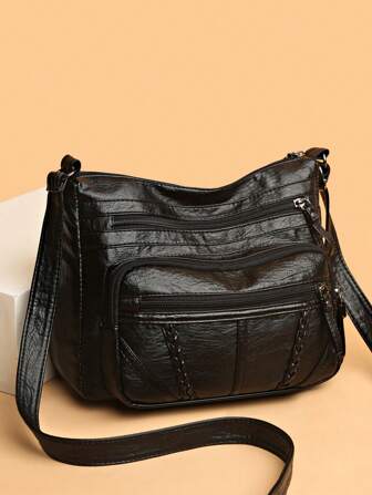 Bolso de mano grande de unicolor para mujer, bolso cruzado elegante y vintage con múltiples bolsillos con cremallera, correa, decoración trenzada, PU impermeable y a prueba de robo para uso al aire libre, compras, fiesta y negocios, monedero ligero y portátil