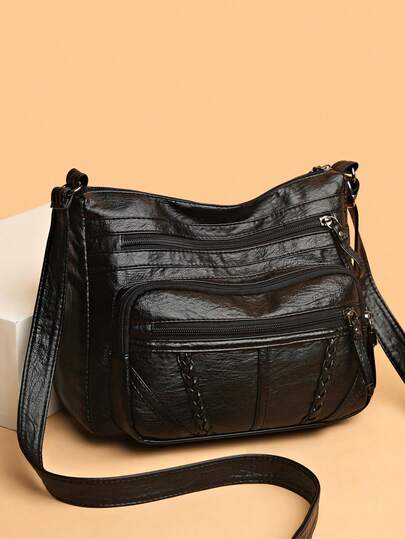 Women's Solid Color Large Capacity Tote Bag, Vintage Elegant Crossbody Bag With Multi-Zipper Pockets, Leather Strap, Braided Decoration, Waterproof PU Anti-Theft Outdoor Shopping Handbag, Lightweight Portable Coin Purse For Street, Party, Business