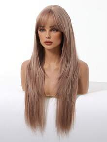 28 Inch Long Straight Champagne Blonde Layered Wigs With Bangs Synthetic Wigs For Women For Ordinary Work, Life, Dance Parties And All Occasions Use; Wigs For Women, Carnival; Kpop, K Pop; Y2k; Cosplay - 香檳色 - 查看 3