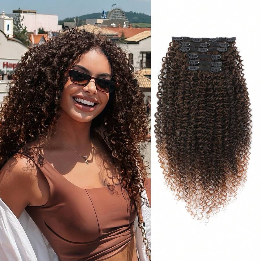 Megito Curly Clip In Hair Extensions,Pink Mango 6 PCS 100% Pure Protein Silk Curly Hair Extensions Clip Ins For Women Kinky Hair Soft Natural Durable Light Long Lifespan - #T2/30 - Xem 1