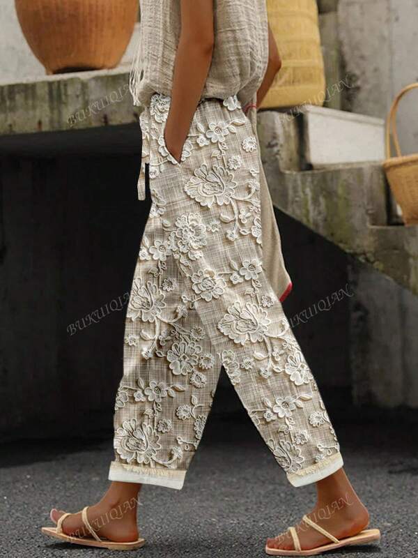 Women's Elegant Vintage Floral Print Casual Full-Length Pants With Pockets