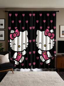 Sanrio 2pcs Sanrio Theme Black Hello Kitty Pattern Semi-Sheer Curtains - Made Of Polyester, With Rod Pocket Design, Easy To Hang, Cartoon Print Curtains, Suitable For Bedroom, Office, Living Room, Home Decor