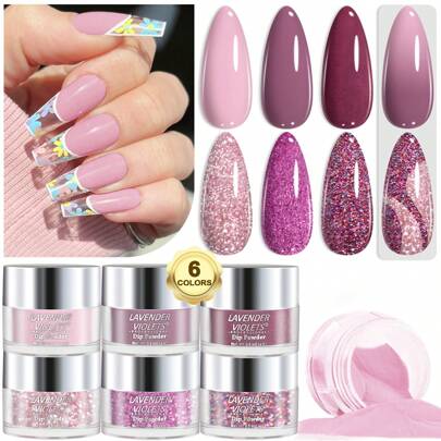 Set de 6 piezas de 0.5oz/14g de polvo para dip de uñas, 6 colores en tonos de púrpura y rosa con brillo, se seca rápido al aire y es un polvo permanente para manicura de dip en casa o salón, ideal como regalo para mujeres
