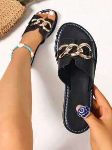 Wide Fit Rhinestone Embellished Comfy Flat Slippers, Ladies Casual Sandals Suitable For Spring/Summer, Outdoor, Beach, Party, Vacation, Versatile