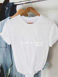 女伴娘简约文字印花休闲T恤 - 白色 - 查看 3