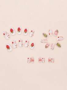 24 piezas Juego de uñas postizas con forma ovalada, decoración de uñas con patrón de flores de lazo de fresa dulce, apto para todas las mujeres y señoras para citas diarias, trabajo y fiestas. Uñas postizas y suministros para uñas