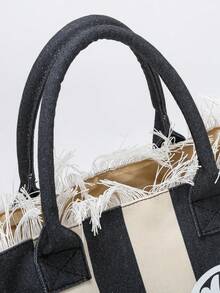 1 件时尚女士条纹托特包字母印花和原始下摆设计单肩包大容量休闲沙滩通勤手提包女士/女孩日常使用/购物/度假/旅行 - 黑與白 - 查看 13