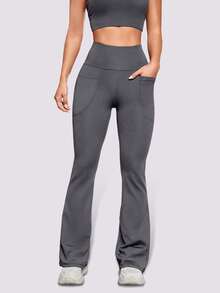 1pc Women's Solid Color Breathable Yoga Wide Leg Pants With Pockets, Tight Fit Flared Trousers For Outdoor, Sports, Cycling, Running, Tennis Spring - Grey - View 2