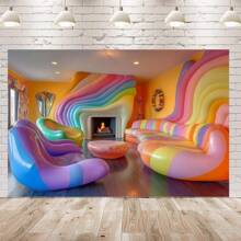 1pc Vibrant Rainbow Inflatable Sofa Lounge With Colorful Walls Backdrop Cloth, Cozy Fireplace & Playful Mirrors - No Power Needed - Ideal For Party Decorations, Photo Shoots & Home Decor, Party Decorations | Playful Design | Easy Clean Fabric, Inflatable Furniture For Parties,2D Flat,Notmulti-Layer Or Real Model