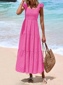 Women's Summer Square Collar Long Dress With Sleeve Cap Hole Eye Ruffles Layered A-Line Casual Vacation Long Skirt With Pockets - 熱粉紅色 - 查看 5