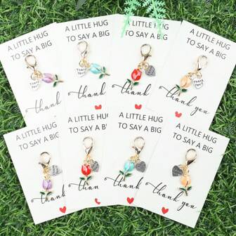 1/8 eleganta tulpanhjärt-nyckelringar med tackkort - zinklegering, färgglad emaljblomma och bladdesign - perfekt uppskattning för lärare, tränare, mentorer, föräldrar och vänner, snygg, utsökt, mor, far biltillbehör väska charm ryggsäck för skolan söta goth y2k halloween-tillbehör lärardag julklappsidéer