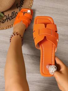 Wide Fit Rhinestone Decorated Comfortable Flat Slide Sandals, Korean Style Casual Slip-On Slippers For Women, Open Toe, Spring/Summer New Woven Roman Fashion Sandals, Suitable For Dress, Beach, Apartment, Brown Flat Casual Outdoor Summer TPU