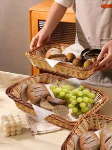 1pc Imitation Rattan Woven Bread Basket, Fruit Basket, Dessert Display Plate, Stackable Tray, Multi-Functional Storage Basket, Hand-Made Storage Basket, Woven Basket, Draining Basket