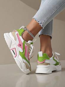 2024新款女士厚底休闲鞋网眼撞色运动鞋平底拼接透气户外厚底运动鞋 - 彩色 - 查看 3