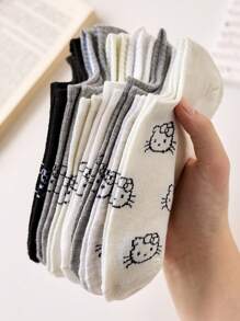 Sanrio Hello Kitty 5 Pairs Of Women's Ankle Socks, Cartoon And Cute Black And White Crew Socks, Suitable For Summer, With Random Colors