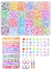 1 Box 8mm Random Color Crackle Crystal Glass Beads For Jewelry Making - Includes Glass Beads, Crystal Cord, Scissors, Spacers