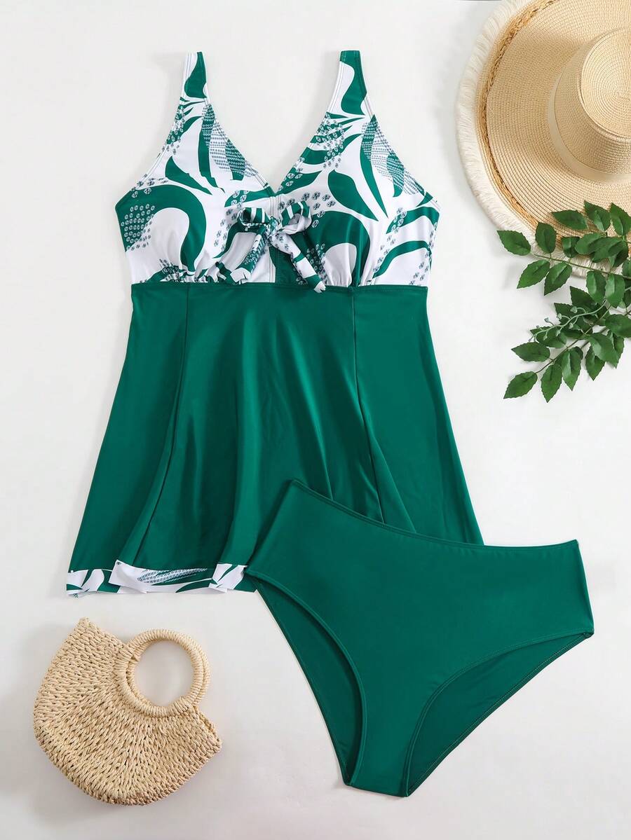 Plus Size Women Deep V-Neck Spaghetti Strap Geometric Splice Ruched Tankini Two Pieces Swimsuit, For Beach Holiday - Green - View 1