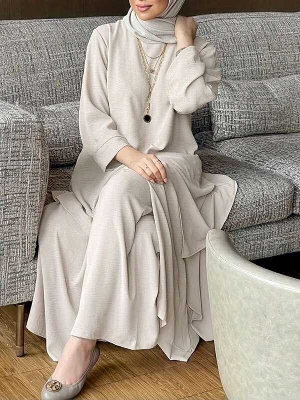 ANCHOSE 2pcs Women Elegant Solid Color Long Sleeve Asymmetric Hem Top And Pants Set, Spring/Summer