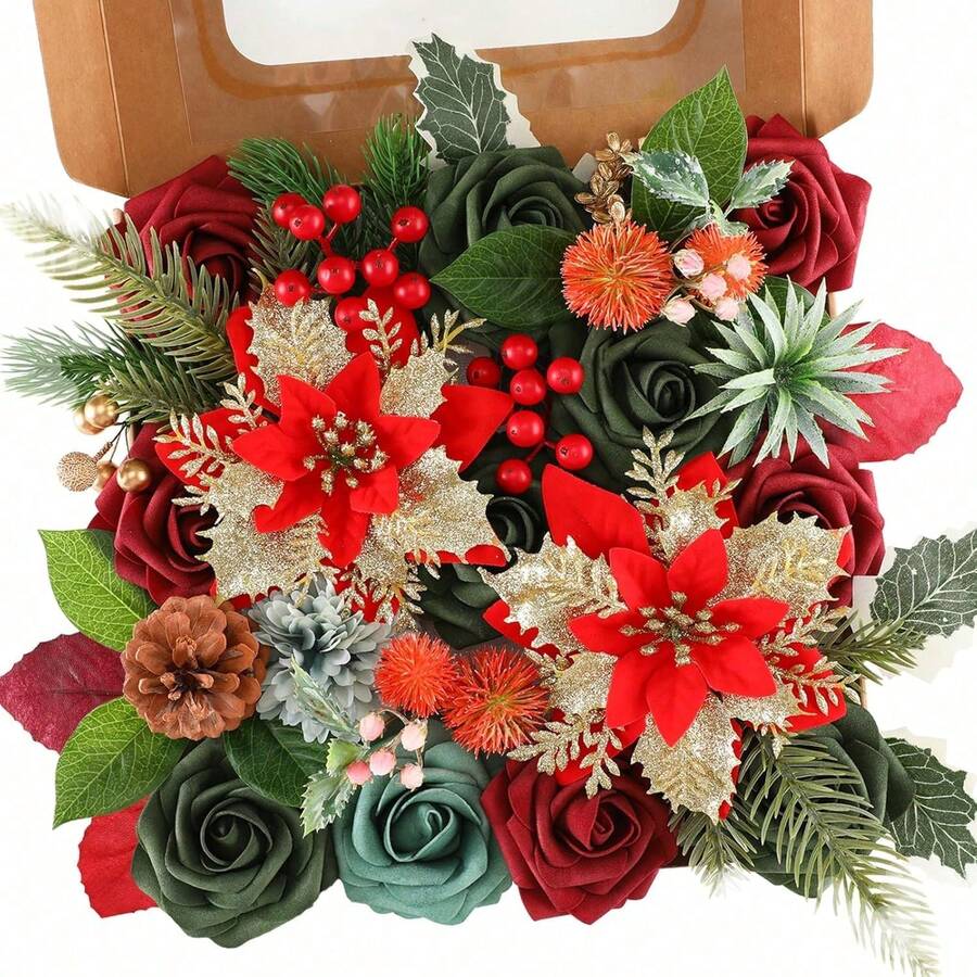 Artificial Flowers Combo, Champagne Silk Roses, Peonies, Dahlias With Stems For DIY Wedding Bouquets, Baby Shower, Table Centerpieces, Home Decor, Fake Floral Arrangements, Party Decorations - 磚紅色和深綠色 - 查看 1