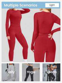 YEIFIN WinterTwo-Piece Set Women's Solid Long Sleeve Tee & Leggings Tracksuit Set, Sporty Round Neck Top & Skinny Pants For Yoga Gym Workout, Spring/Summer Women's Sportswear
