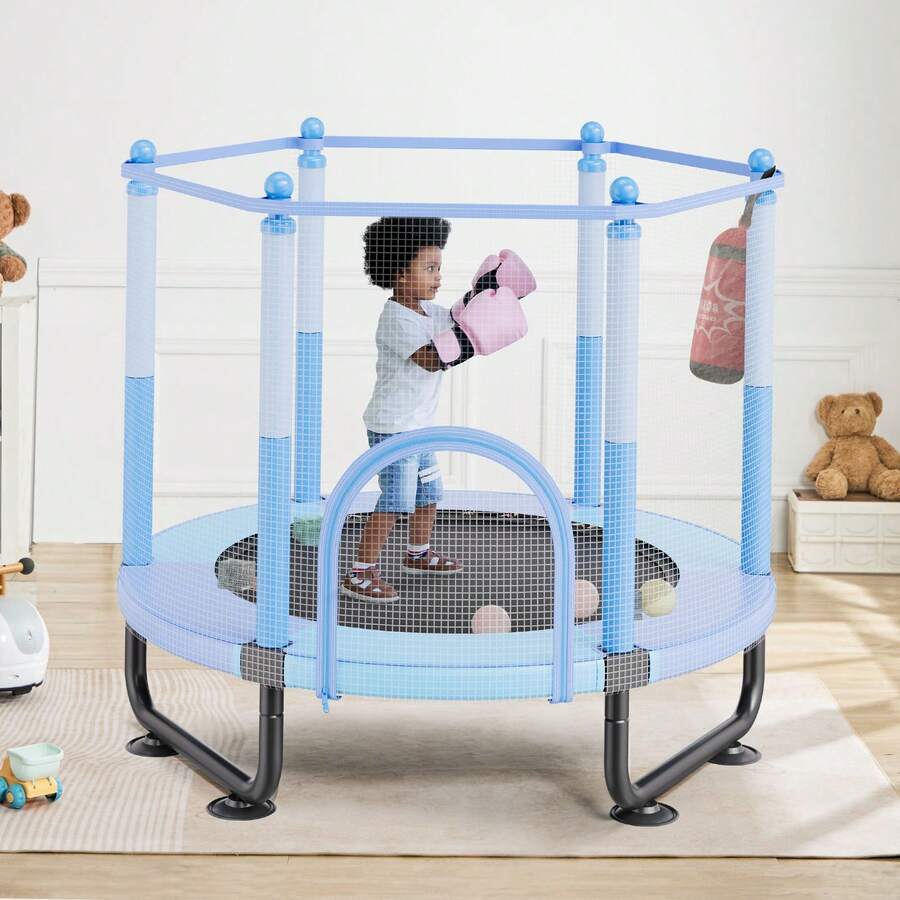 60" Kids Trampoline, 5FT Indoor Outdoor Trampoline, Mini Toddler Recreational Trampolinewith Safety Enclosure Net And Basketball Hoop, Birthday Gifts Christmas Toys For 3+ Years Children, Blue - 60-inch Blue - View 1