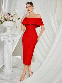 Off Shoulder Women Bandage Dress Wedding Guest Dresses Evening Formal Gown Clubwear Dress - 紅色 - 查看 6