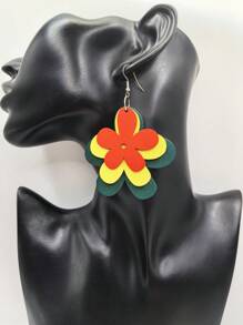 1 Pair Bohemian Wooden Multi-Layer Colorful Floral Earrings, Fashion Accessory For Vacation And Casual Wear