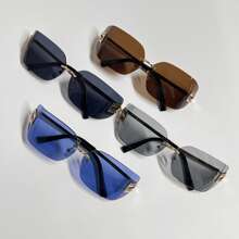 1 Stück modische retro rahmenlose Brillen für Damen mit großen Augen, modischer Brille für Frauen, personalisiert, lässig und vielseitig, geeignet für die Kleidung von Frauen zum Tragen, für Straßenfotografie, Urlaub, Reisen, Strandfahren und andere Anlässe, Preppy-Stil für den Schulanfang, Wickelform, Buchstabendekoration