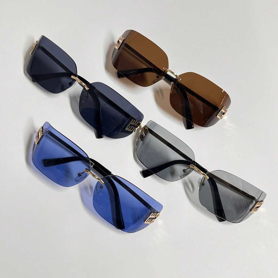 1 Stück modische retro rahmenlose Brillen für Damen mit großen Augen, modischer Brille für Frauen, personalisiert, lässig und vielseitig, geeignet für die Kleidung von Frauen zum Tragen, für Straßenfotografie, Urlaub, Reisen, Strandfahren und andere Anlässe, Preppy-Stil für den Schulanfang, Wickelform, Buchstabendekoration