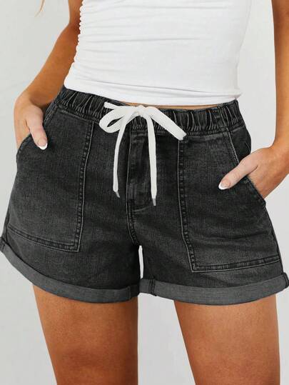 女士轻薄夏季牛仔短裤，休闲宽松抽绳松紧腰，卷边裤脚，舒适度假牛仔短裤