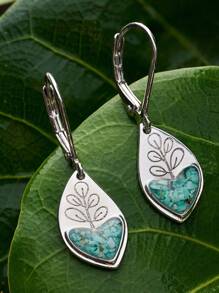1 paire de boucles d'oreilles vintage en résine bleue créative avec motif de feuille de plante effet craquelé. Bijoux de mode pour femmes, cadeau de boucles d'oreilles
