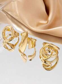 3pcs/Set Punk Style Exaggerated Simple Plain Circle Openring Geometric Curve Niche Design Rings Set, Suitable For Women Daily Wear, Ideal Gift For Friends