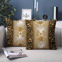 1PC Modern Golden Floral Decorative Pillow Covers 45.72x45.72 Cm - Single-Sided Printed Zipper Closure, Machine Washable 100% Polyester For Living Room, Bedroom & Sofa Decor, Bedroom Accessories, Contemporary Style, Smooth Texture Fabric